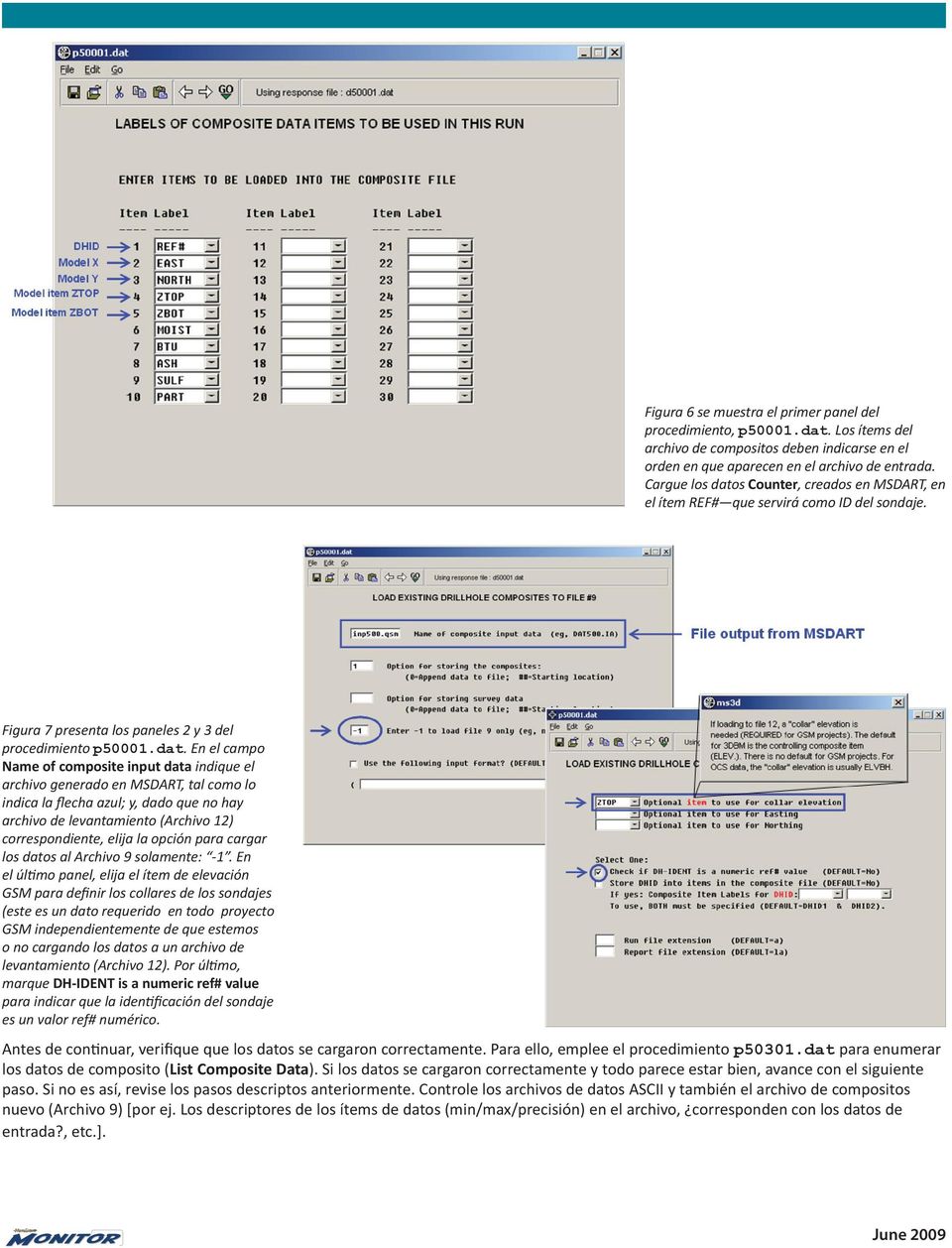 s Counter, creados en MSDART, en el ítem REF# que servirá como ID del sondaje. Figura 7 presenta los paneles 2 y 3 del procedimiento p50001.dat.