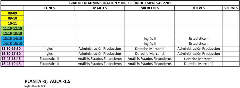 Producción Derecho Mercantil Administración Producción 17:45-18:45 Estadística II Análisis Estados Financieros Análisis Estados Financieros