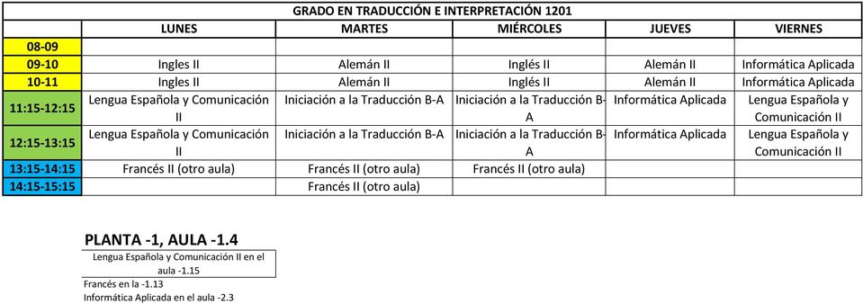 Comunicación Iniciación a la Traducción B-A Iniciación a la Traducción B- Informática Aplicada Lengua Española y II A Comunicación II 13:15-14:15 Francés II (otro aula) Francés II (otro