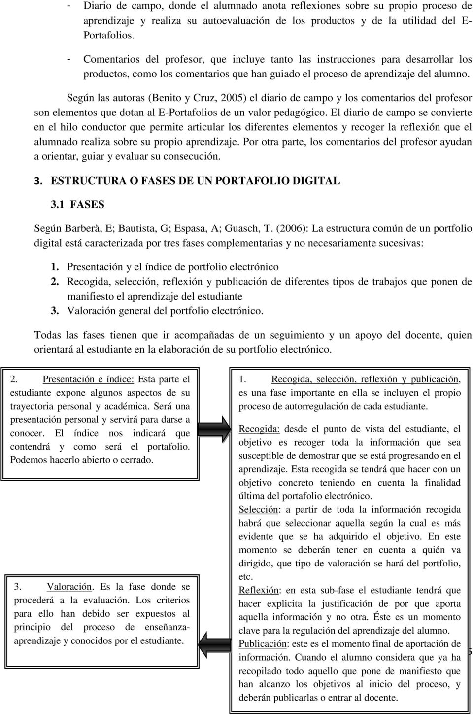 Según las autoras (Benito y Cruz, 2005) el diario de campo y los comentarios del profesor son elementos que dotan al E-Portafolios de un valor pedagógico.
