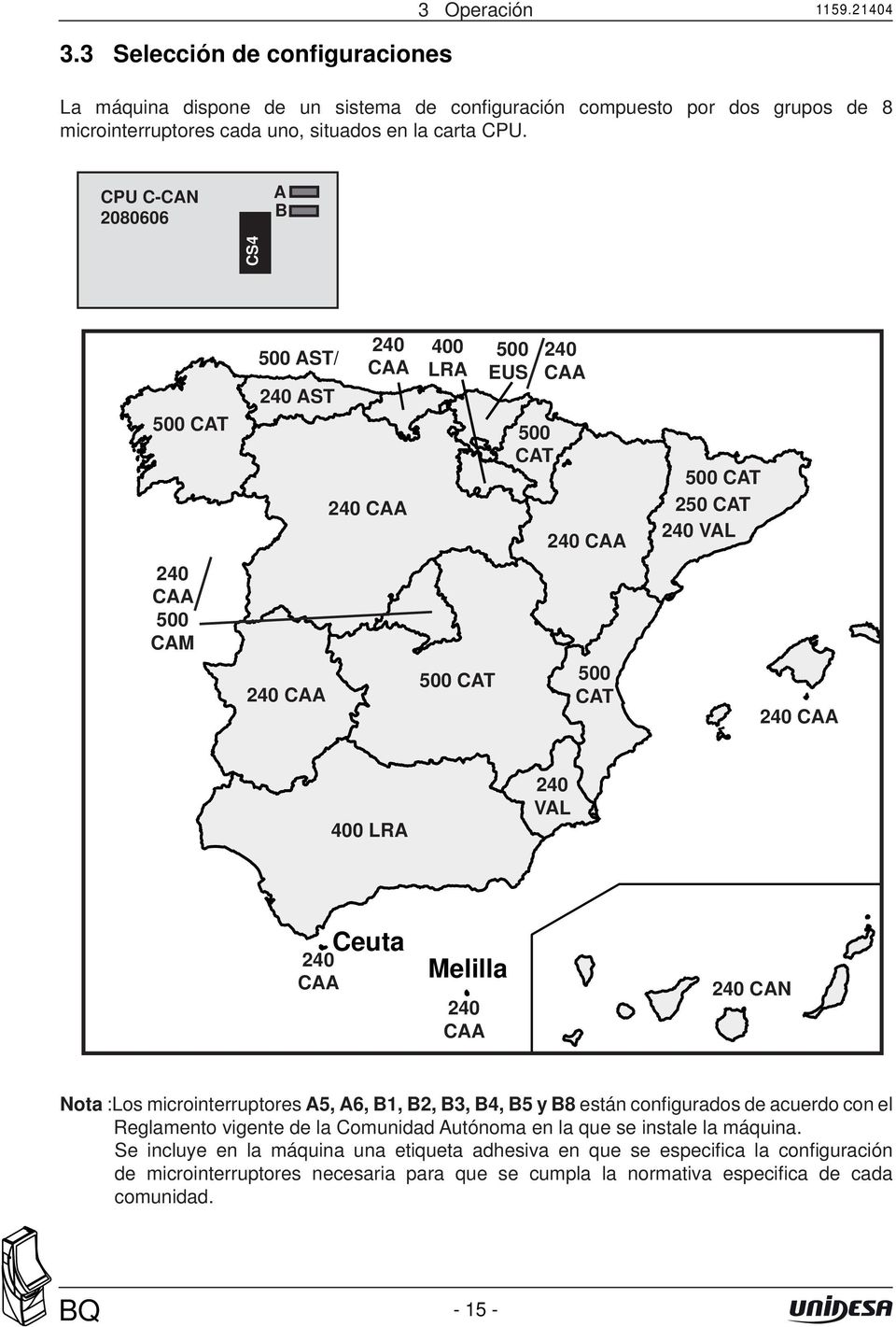 240 CAA Ceuta Melilla 240 CAA 240 CAN Nota :Los microinterruptores A5, A6, B1, B2, B3, B4, B5 y B8 están confi gurados de acuerdo con el Reglamento vigente de la Comunidad Autónoma en la que se