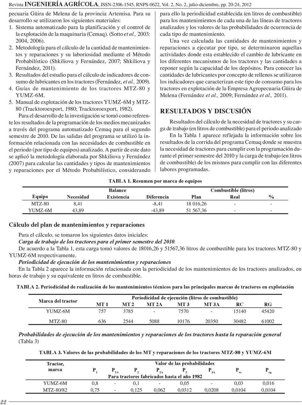 03; 2004, 2006). 2. Metodología para el cálculo de la cantidad de mantenimientos y reparaciones y su laboriosidad mediante el Método Probabilístico (Shkiliova y Fernández, 2007; Shkiliova y Fernández, 2011).