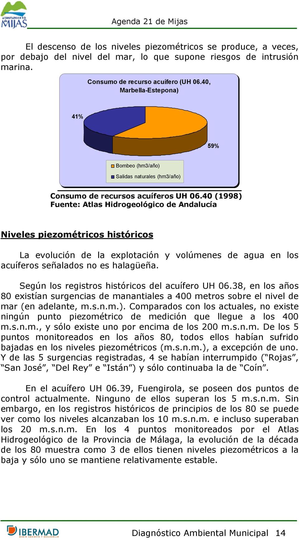 40 (1998) Fuente: Atlas Hidrogeológico de Andalucía Niveles piezométricos históricos La evolución de la explotación y volúmenes de agua en los acuíferos señalados no es halagüeña.
