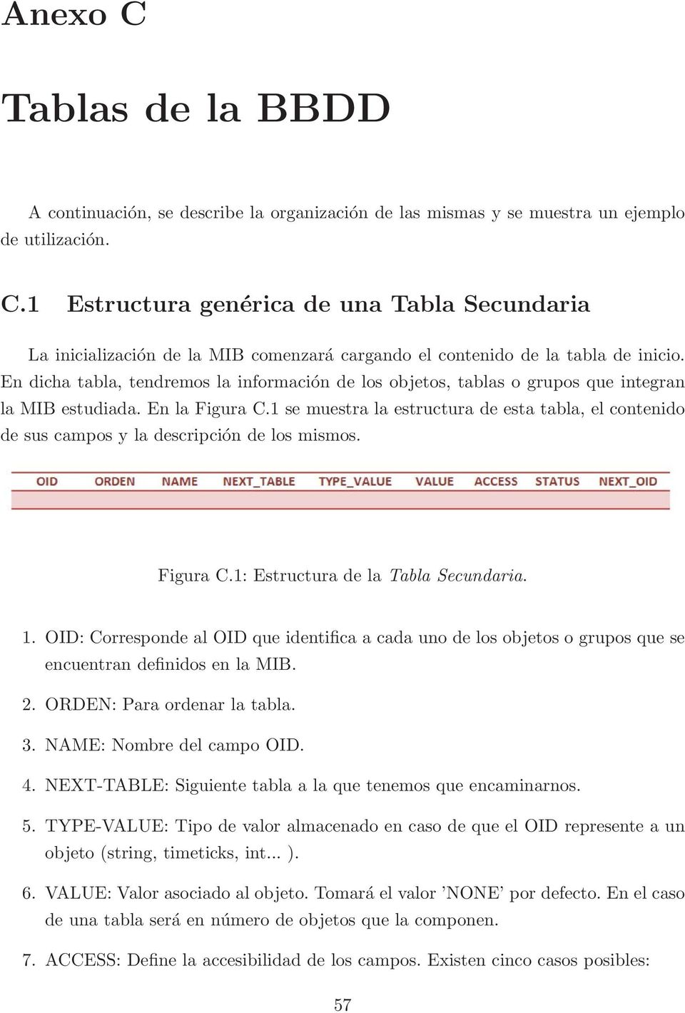 1 se muestra la estructura de esta tabla, el contenido desuscamposyladescripción de los mismos. Figura C.1: Estructura de la Tabla Secundaria. 1.