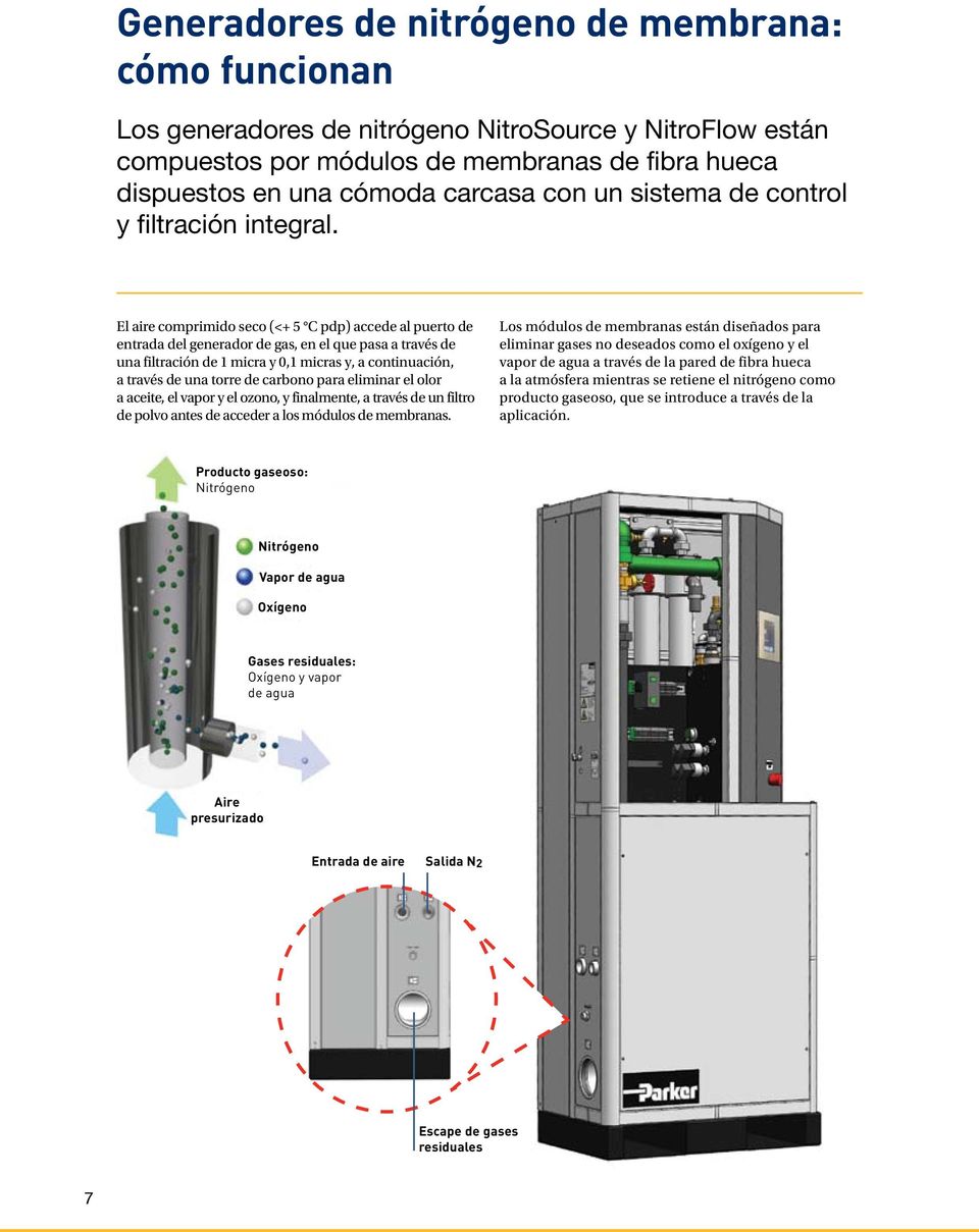 El aire comprimido seco (<+ 5 C pdp) accede al puerto de entrada del generador de gas, en el que pasa a través de una filtración de 1 micra y 0,1 micras y, a continuación, a través de una torre de