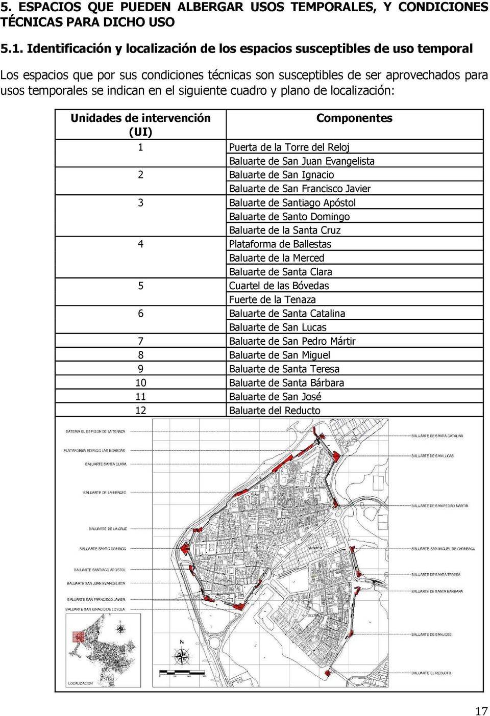 siguiente cuadro y plano de localización: Unidades de intervención (UI) Componentes 1 Puerta de la Torre del Reloj Baluarte de San Juan Evangelista 2 Baluarte de San Ignacio Baluarte de San Francisco