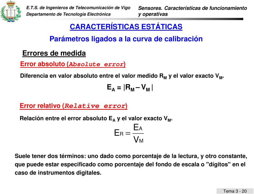 E A = R M V M Error relativo (Relative error) Relación entre el error absoluto E A y el  E R = Suele tener dos
