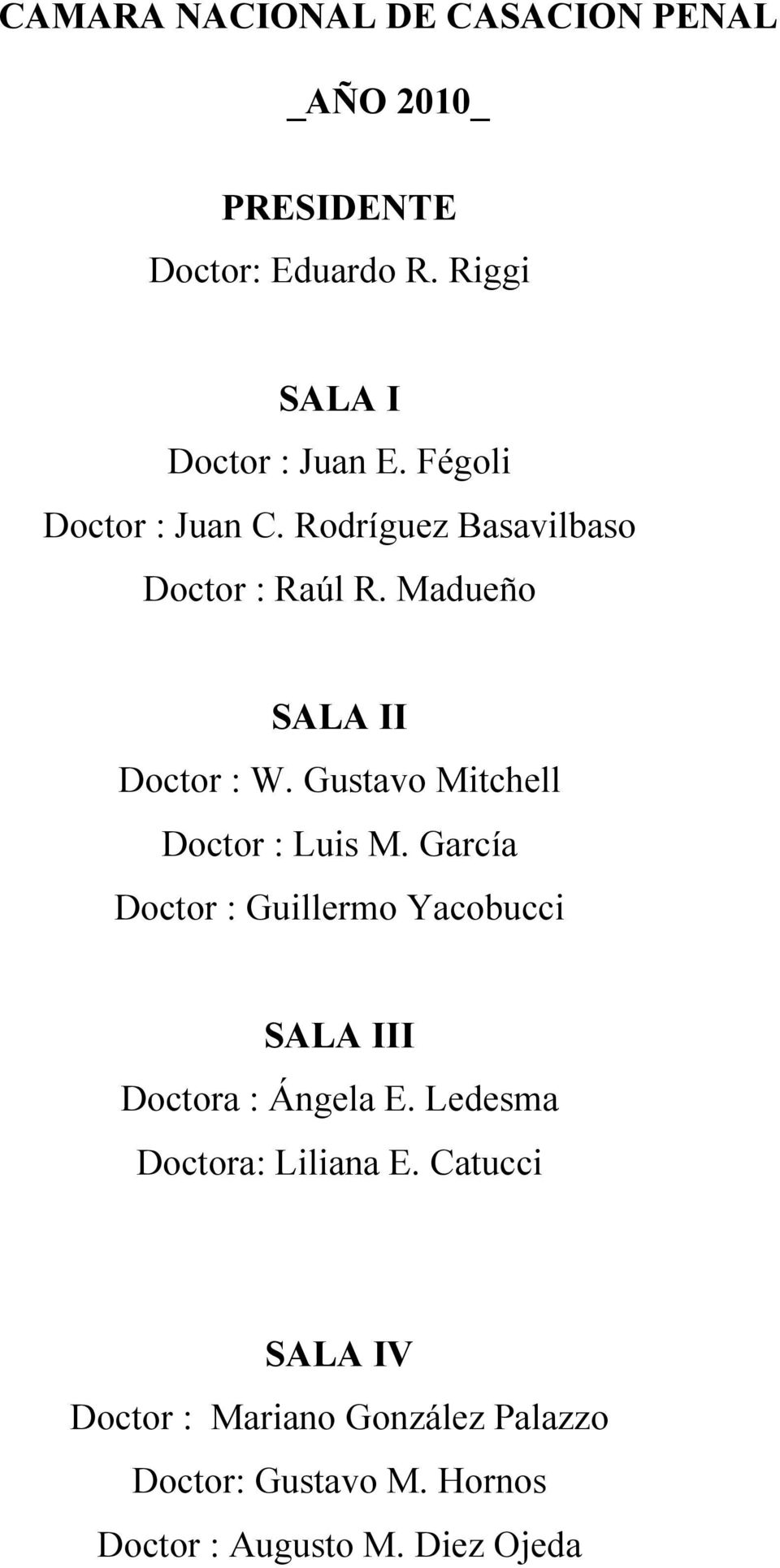 Gustavo Mitchell Doctor : Luis M. García Doctor : Guillermo Yacobucci SALA III Doctora : Ángela E.