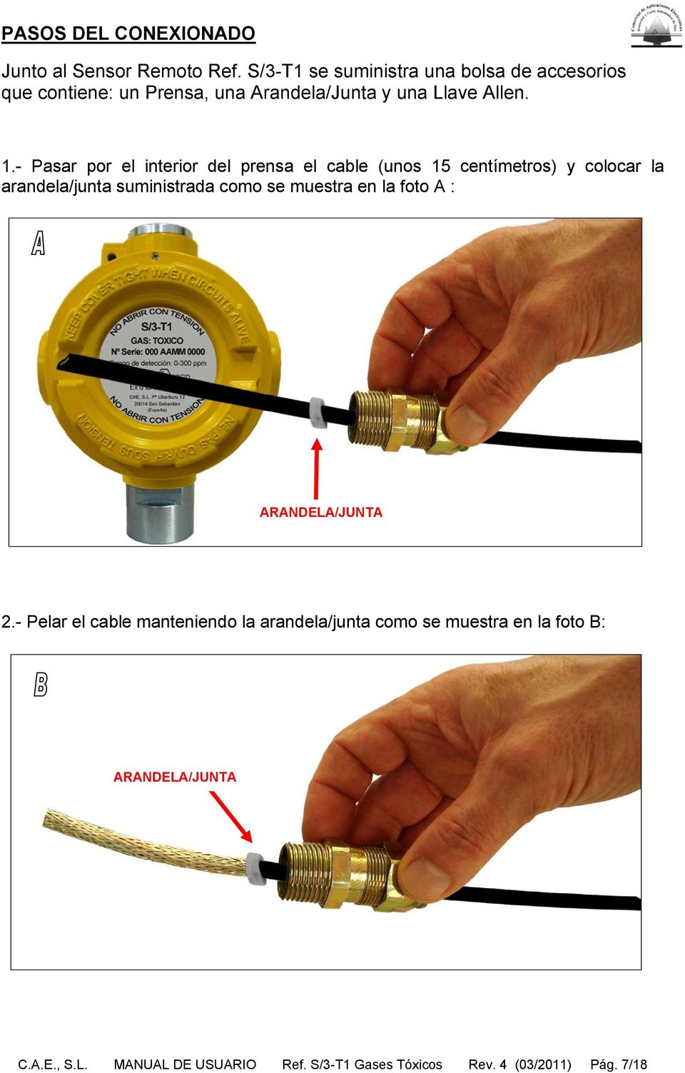 - Pasar por el interior del prensa el cable (unos 15 centímetros) y colocar la arandela/junta suministrada como se muestra