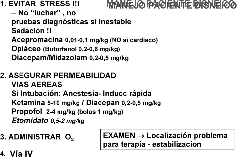 ASEGURAR PERMEABILIDAD VIAS AEREAS Si Intubación: Anestesia- Inducc rápida Ketamina 5-10 mg/kg / Diacepan 0,2-0,5 mg/kg