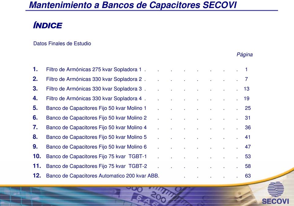 Banco de Capacitores Fijo 50 kvar Molino 2....... 31 7. Banco de Capacitores Fijo 50 kvar Molino 4....... 36 8. Banco de Capacitores Fijo 50 kvar Molino 5....... 41 9.