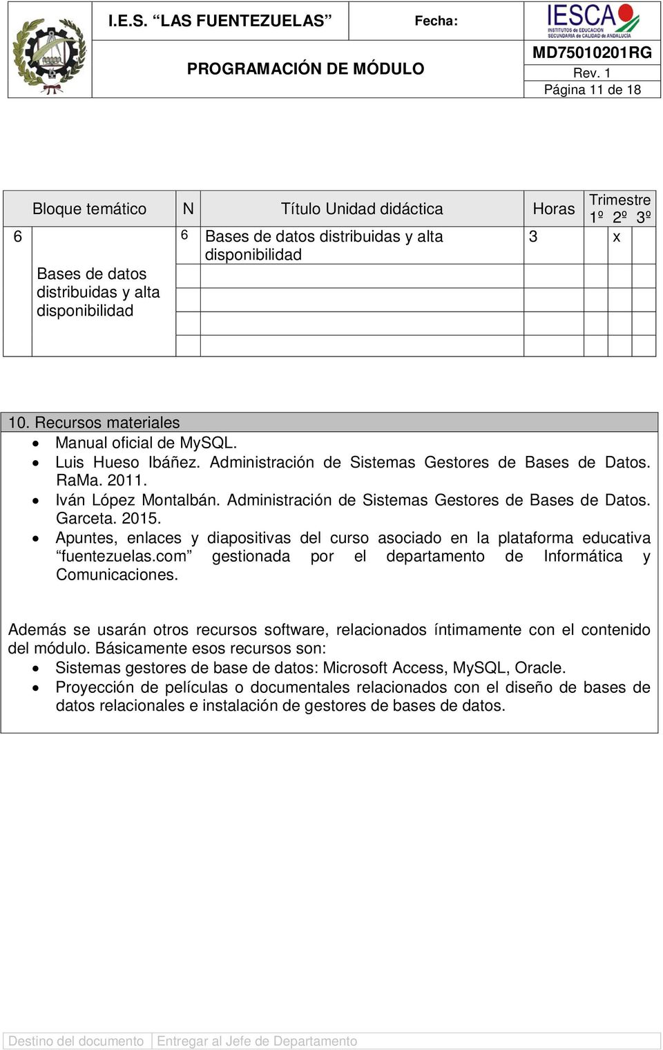 Administración de Sistemas Gestores de Bases de Datos. Garceta. 2015. Apuntes, enlaces y diapositivas del curso asociado en la plataforma educativa fuentezuelas.