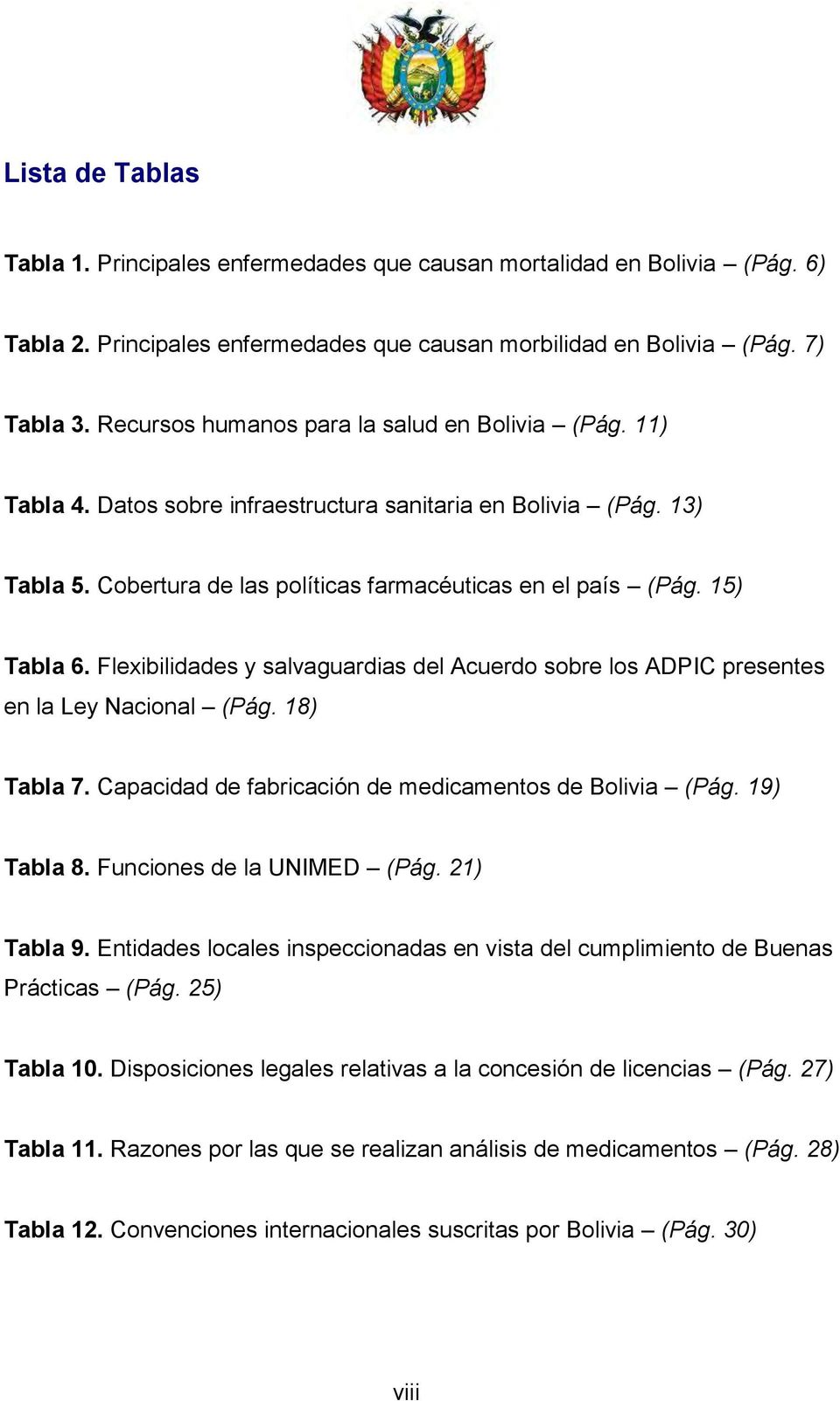 Flexibilidades y salvaguardias del Acuerdo sobre los ADPIC presentes en la Ley Nacional (Pág. 18) Tabla 7. Capacidad de fabricación de medicamentos de Bolivia (Pág. 19) Tabla 8.