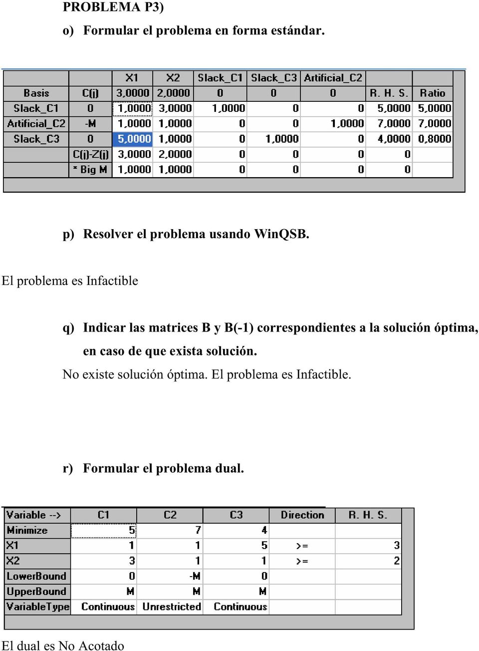 El problema es Infactible q) Indicar las matrices B y B(-1) correspondientes a la