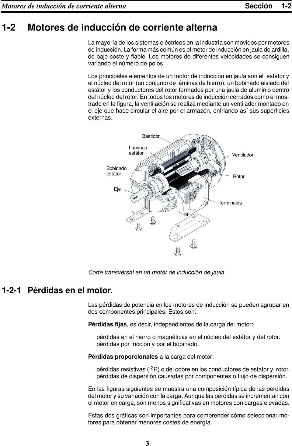 Los principales elementos de un motor de inducción en jaula son el estátor y el núcleo del rotor (un conjunto de láminas de hierro), un bobinado aislado del estátor y los conductores del rotor