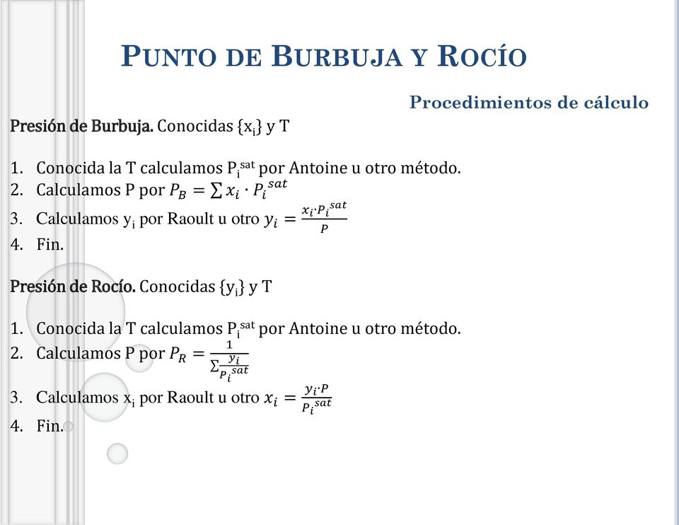 Calculamos y i por Raoult u otro y i = x i P i 4. Fin. Presión de Rocío. Conocidas {y i } y T 1.