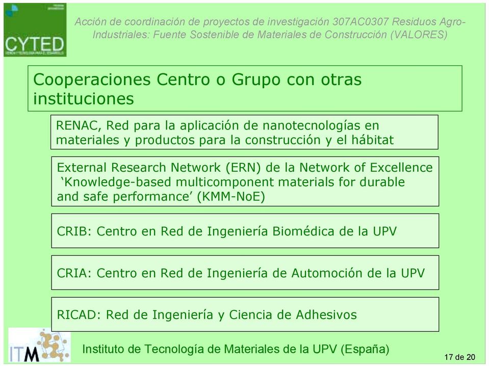 Knowledge-based multicomponent materials for durable and safe performance (KMM-NoE) CRIB: Centro en Red de Ingeniería