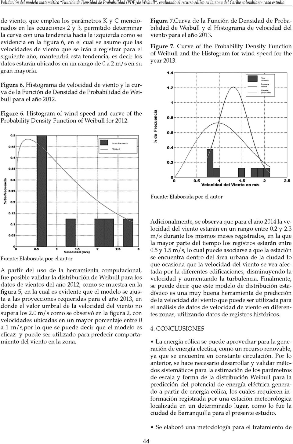 Curva de la Función de Densidad de Probabilidad de Weibull y el Histograma de velocidad del viento para el año 2013. Figure 7.