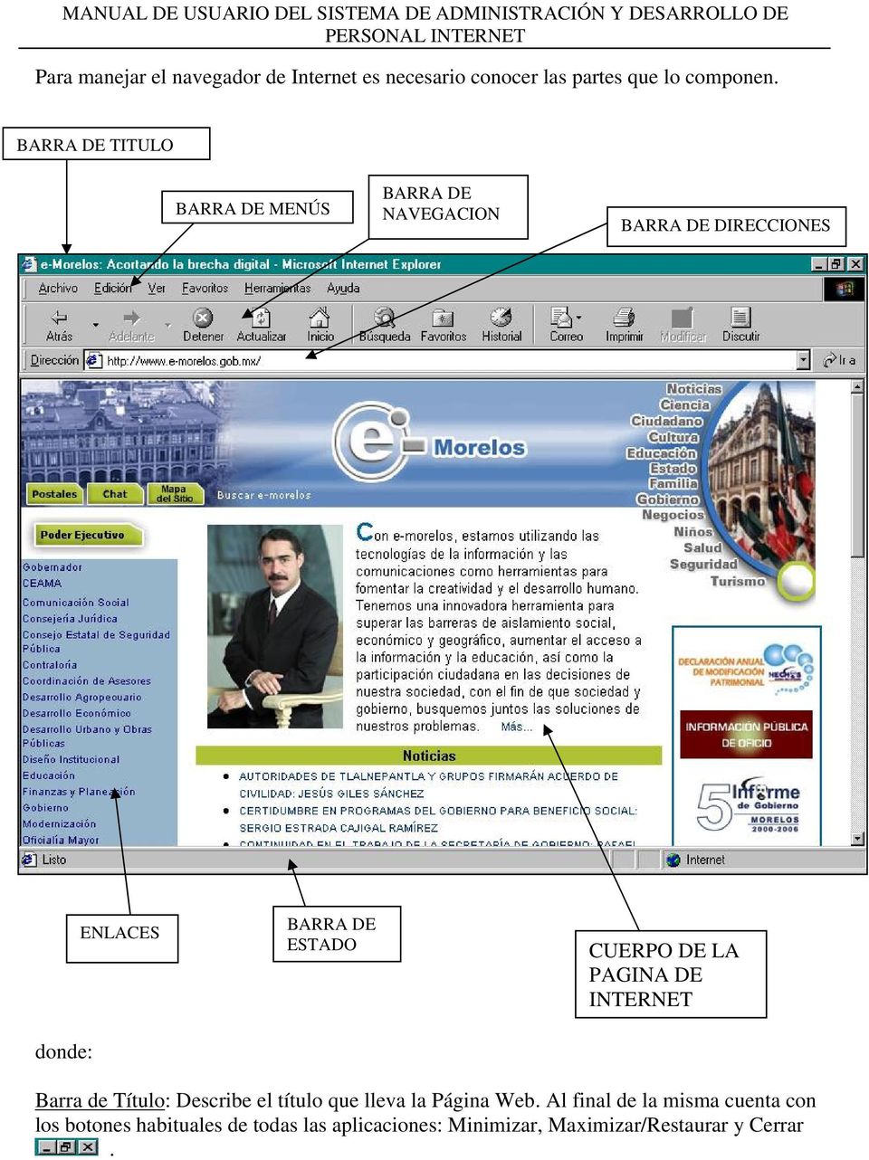 ESTADO CUERPO DE LA PAGINA DE INTERNET Barra de Títul: Describe el títul que lleva la Página Web.