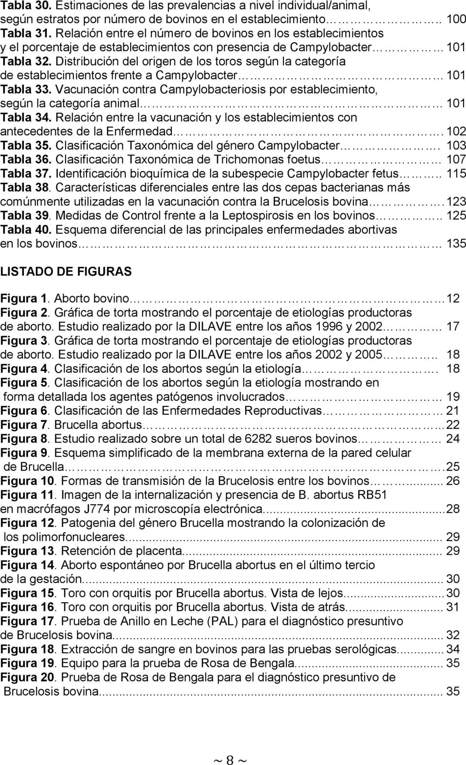 Distribución del origen de los toros según la categoría de establecimientos frente a Campylobacter 101 Tabla 33.
