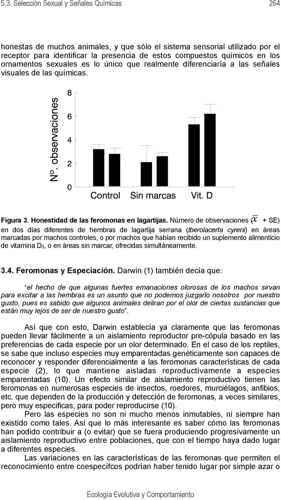 Número de observaciones ( + SE) en dos días diferentes de hembras de lagartija serrana (Iberolacerta cyreni) en áreas marcadas por machos controles, o por machos que habían recibido un suplemento