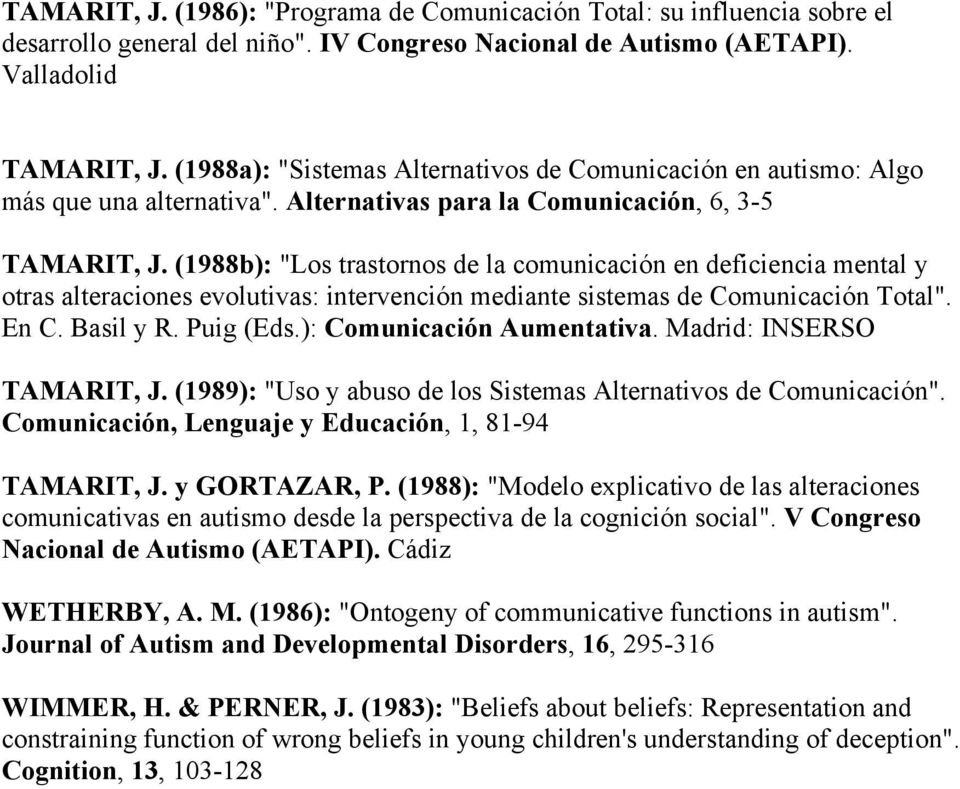 (1988b): "Los trastornos de la comunicación en deficiencia mental y otras alteraciones evolutivas: intervención mediante sistemas de Comunicación Total". En C. Basil y R. Puig (Eds.