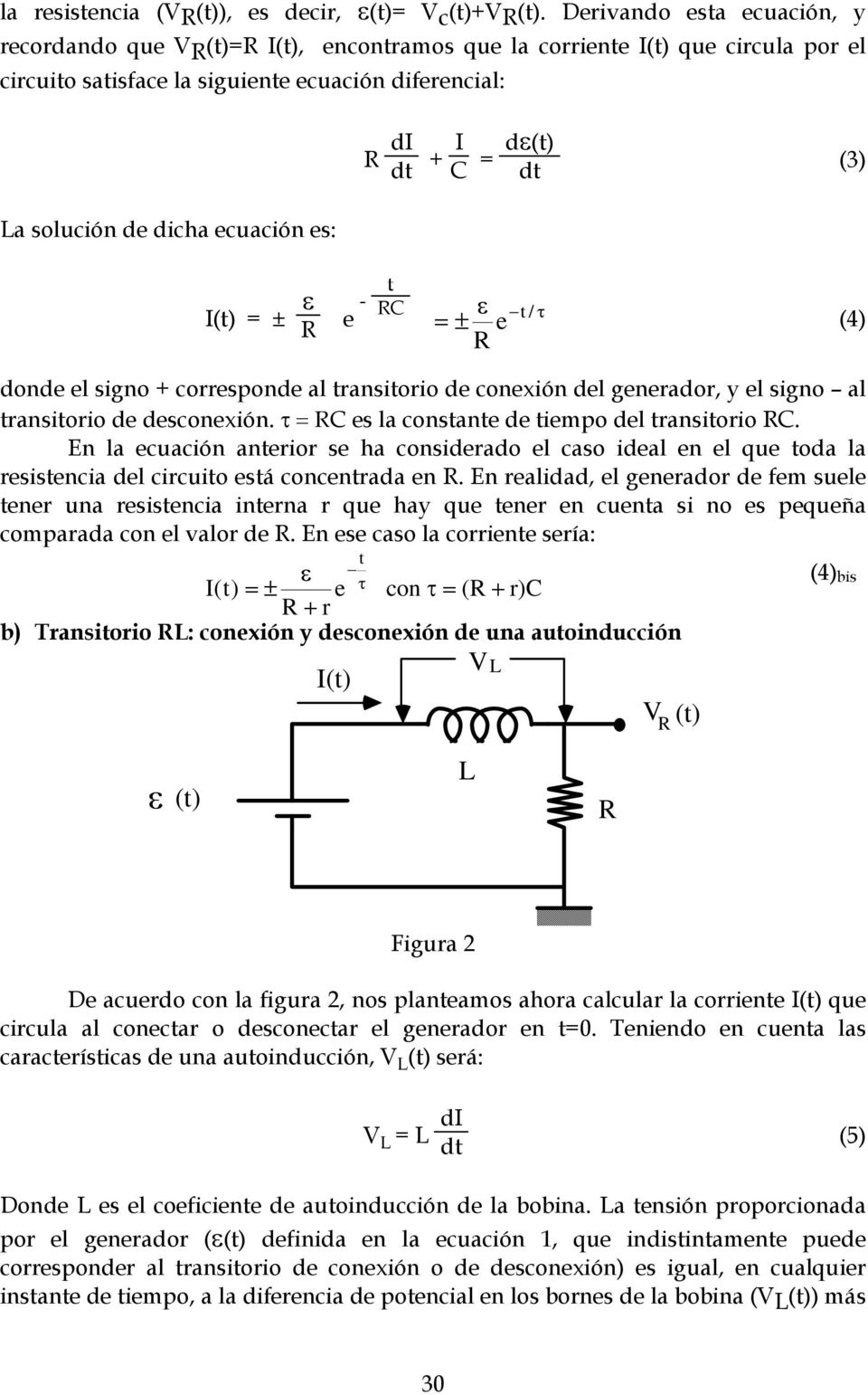 solución de dicha ecuación es: I(t) = ± ε R e - t RC ε = ± e R t / τ (4) donde el signo + corresponde al transitorio de conexión del generador, y el signo al transitorio de desconexión.