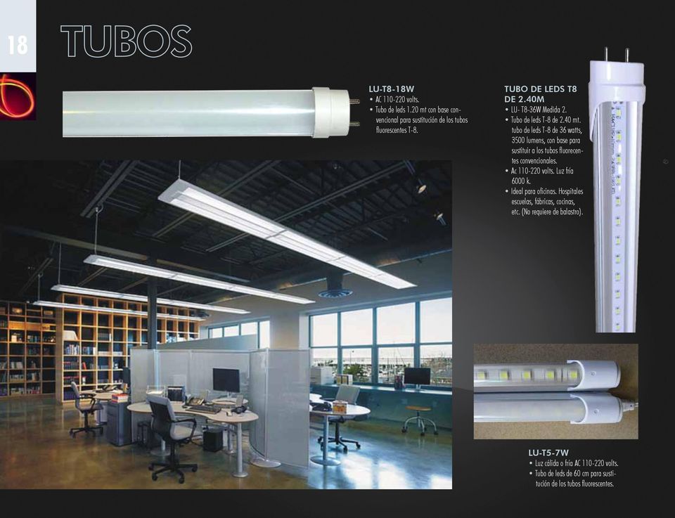 tubo de leds T-8 de 36 watts, 3500 lumens, con base para sustituir a los tubos fluorecentes convencionales. Ac 110-220 volts.