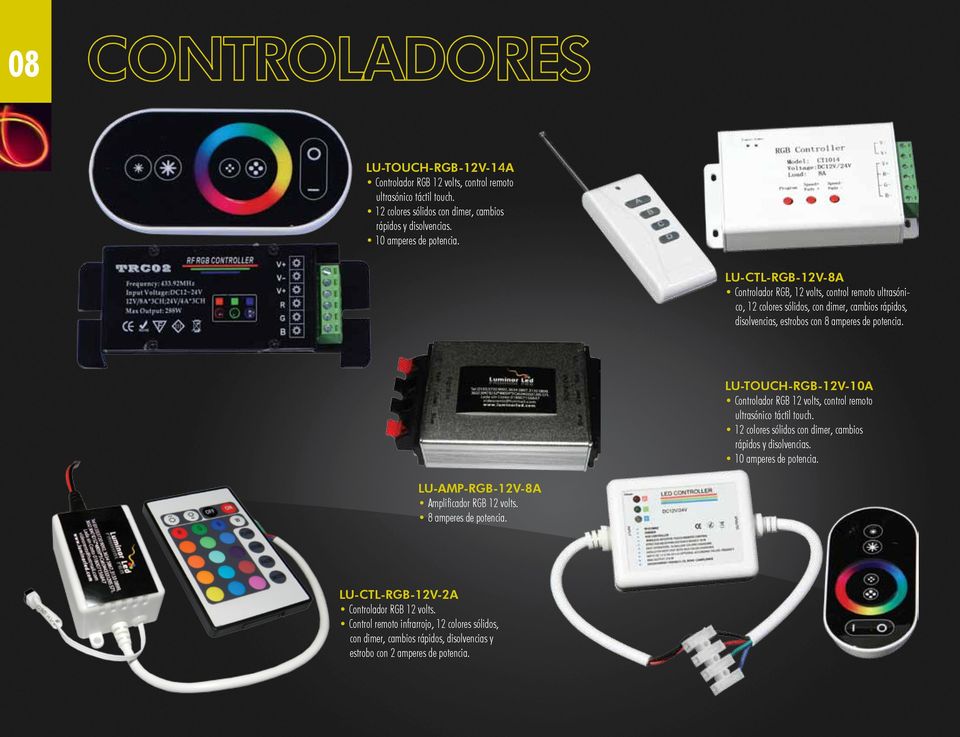 LU-TOUCH-RGB-12V-10A Controlador RGB 12 volts, control remoto ultrasónico táctil touch. 12 colores sólidos con dimer, cambios rápidos y disolvencias. 10 amperes de potencia.