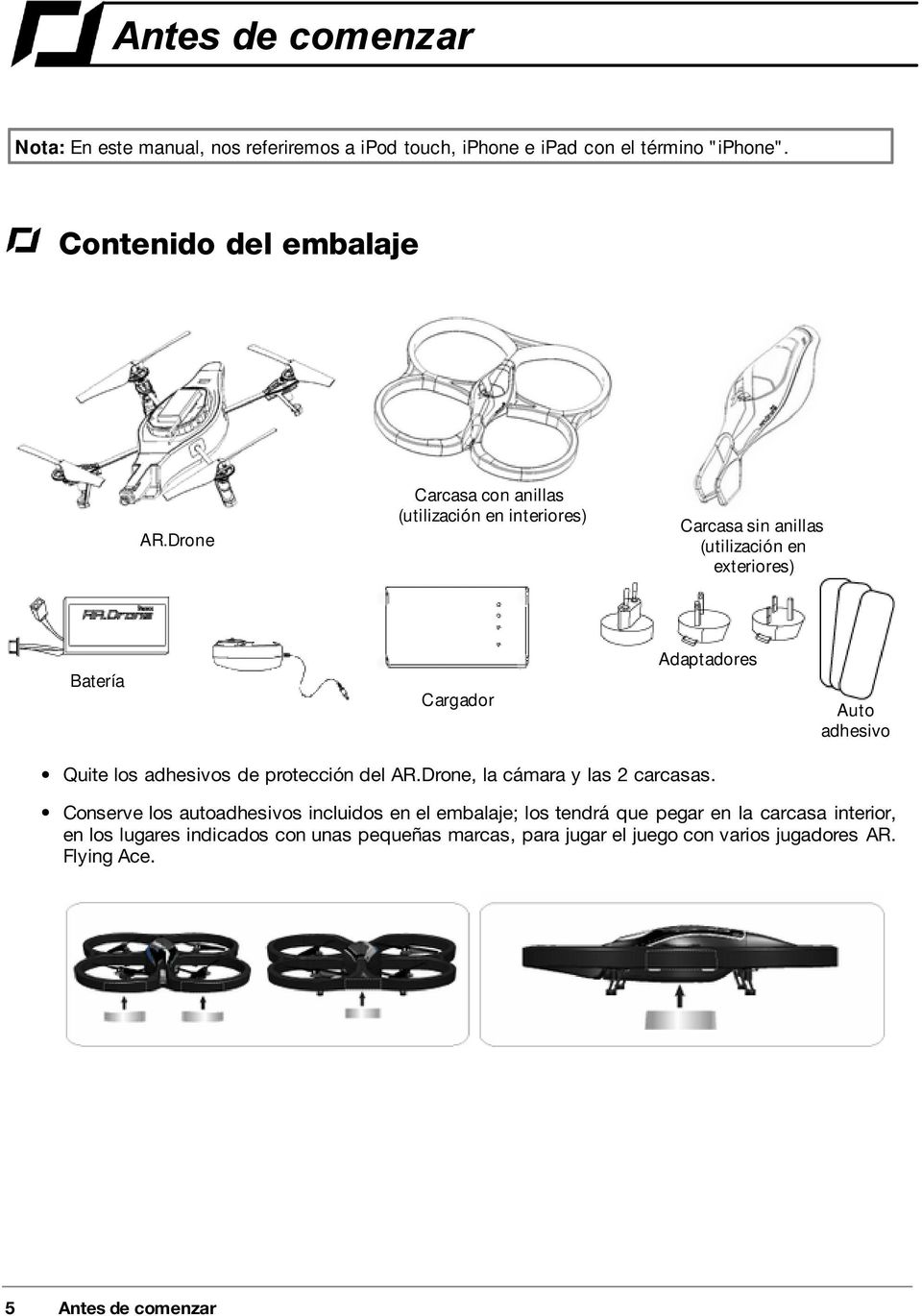 Drone Carcasa sin anillas (utilización en exteriores) Adaptadores Batería Cargador Auto adhesivo Quite los adhesivos de protección del AR.