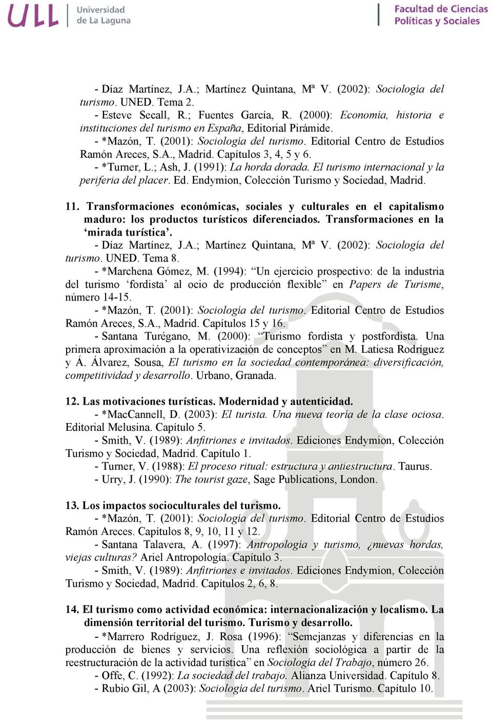 Capítulos 3, 4, 5 y 6. - *Turner, L.; Ash, J. (1991): La horda dorada. El turismo internacional y la periferia del placer. Ed. Endymion, Colección Turismo y Sociedad, Madrid. 11.