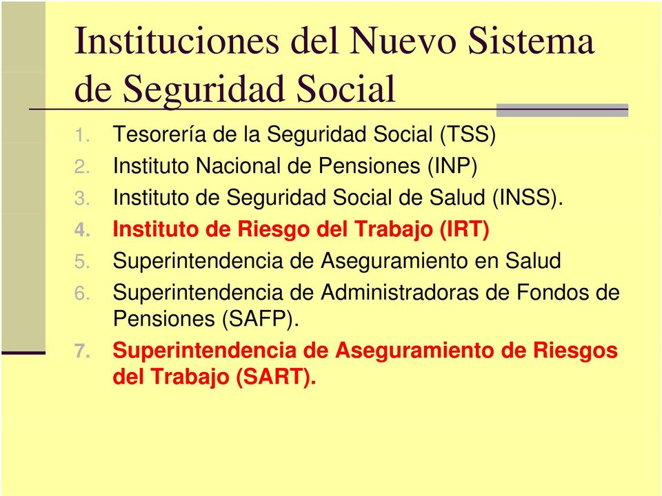 Instituto de Riesgo del Trabajo (IRT) 5. Superintendencia de Aseguramiento en Salud 6.