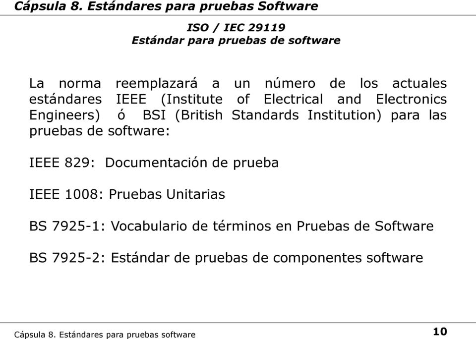 Institution) para las pruebas de software: IEEE 829: Documentación de prueba IEEE 1008: Pruebas