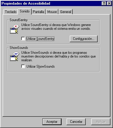 SoundSentry Cuando se activa esta opción, Windows genera avisos visuales cuando el ordenador emite un sonido. En su configuración se especificará entre varios el tipo de refuerzo visual que deseamos.