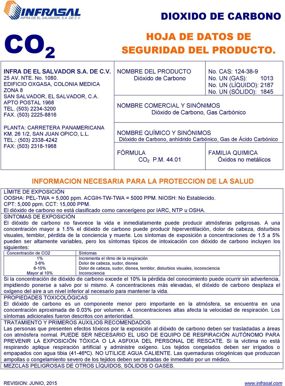 CAS: 124-38-9 No. UN (GAS): 1013 No. UN (LÍQUIDO): 2187 No.