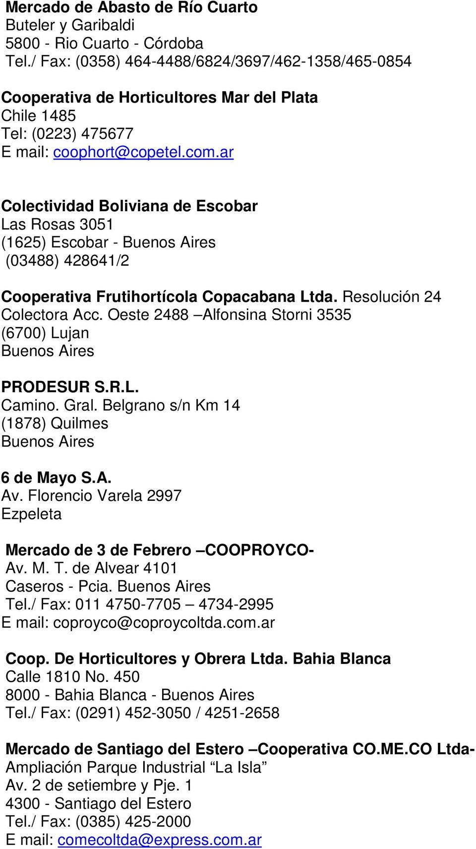 ar Colectividad Boliviana de Escobar Las Rosas 3051 (1625) Escobar - Buenos Aires (03488) 428641/2 Cooperativa Frutihortícola Copacabana Ltda. Resolución 24 Colectora Acc.