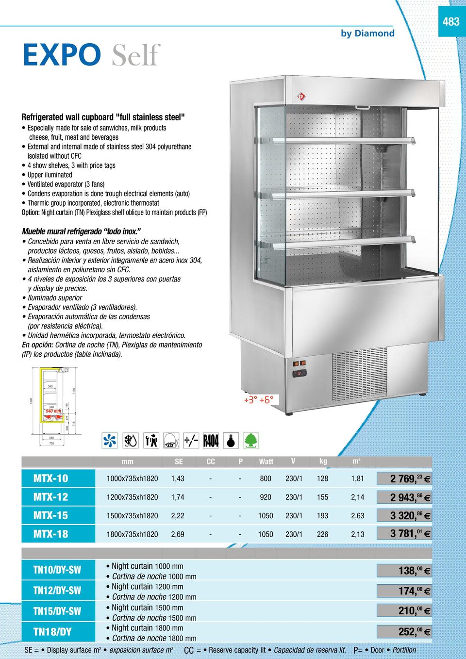 Thermic group incorporated, electronic thermostat O p t i o n : Night curtain (TN) Plexiglass shelf oblique to maintain products (FP) Mueble mural refrigerado todo inox.