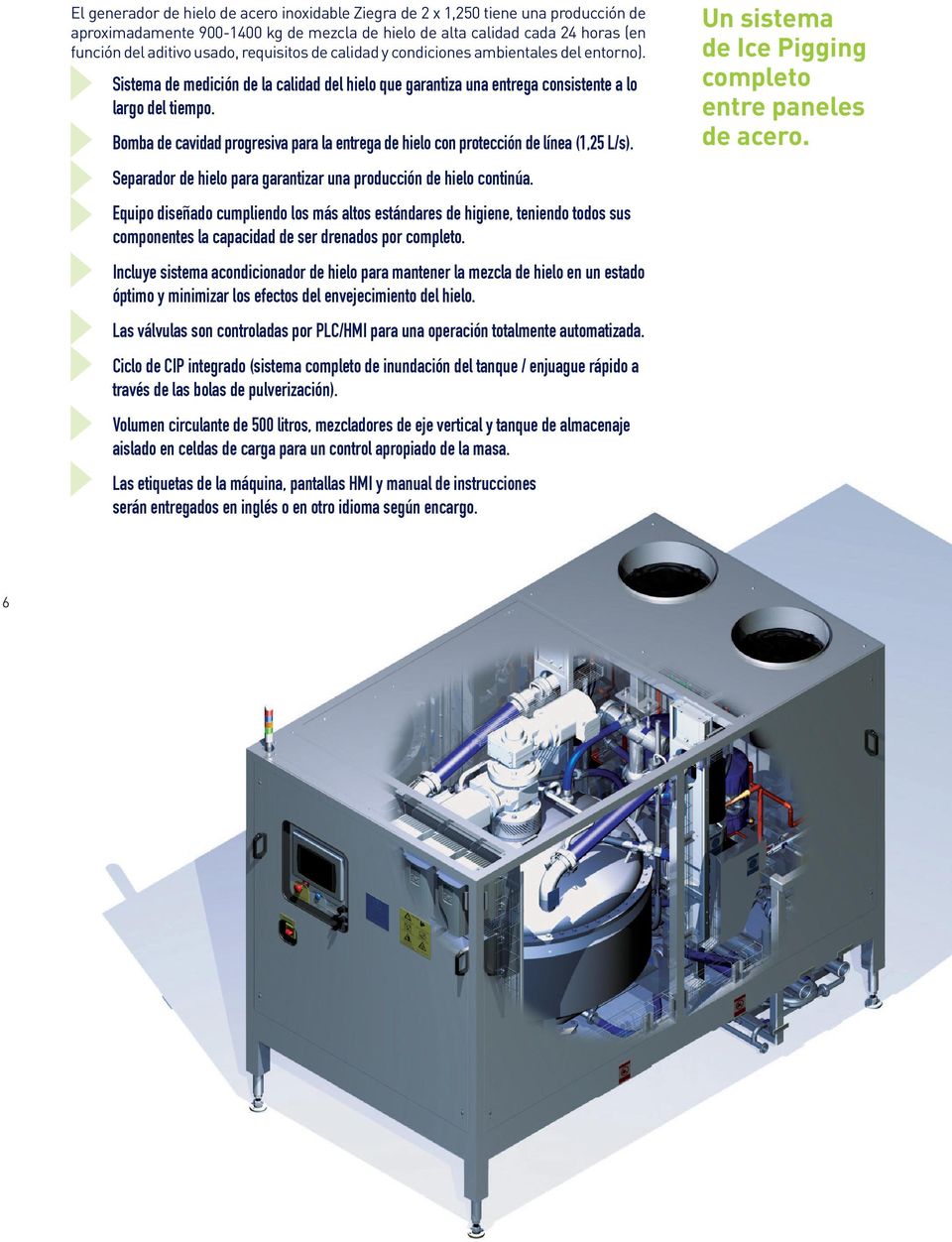 Bomba de cavidad progresiva para la entrega de hielo con protección de línea (1,25 L/s). Separador de hielo para garantizar una producción de hielo continúa.