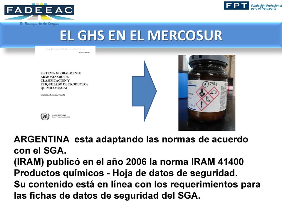 (IRAM) publicó en el año 2006 la norma IRAM 41400 Productos químicos