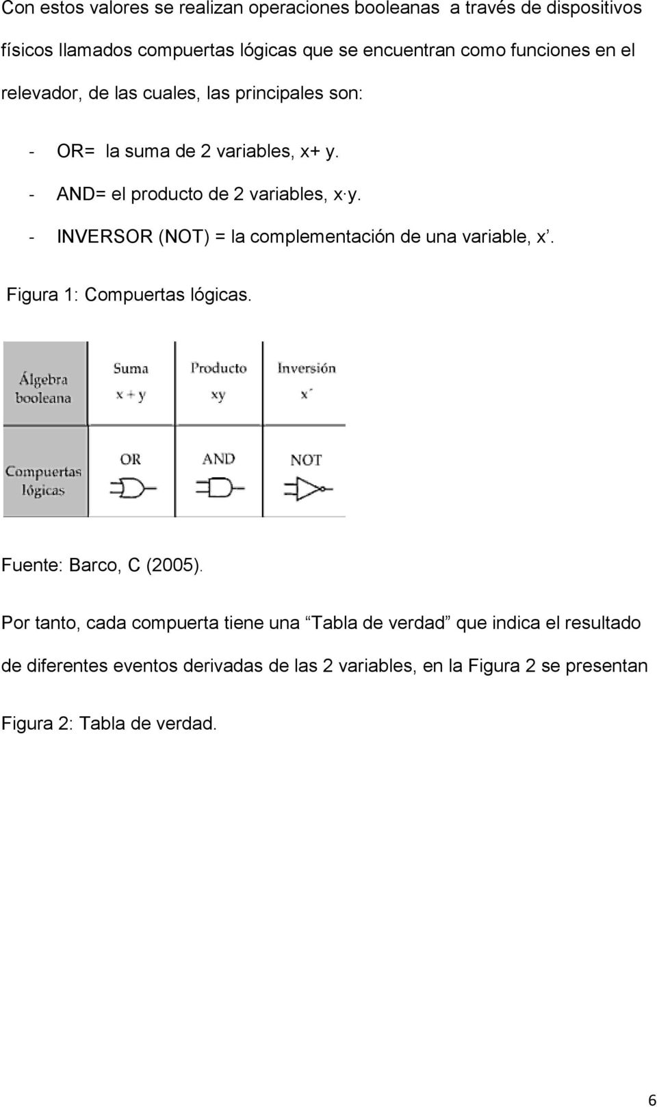 - INVERSOR (NOT) = la complementación de una variable, x. Figura 1: Compuertas lógicas. Fuente: Barco, C (2005).