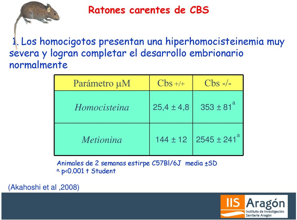 desarrollo embrionario normalmente Parámetro μm Cbs +/+ Cbs -/- Homocisteina 25,4 ±