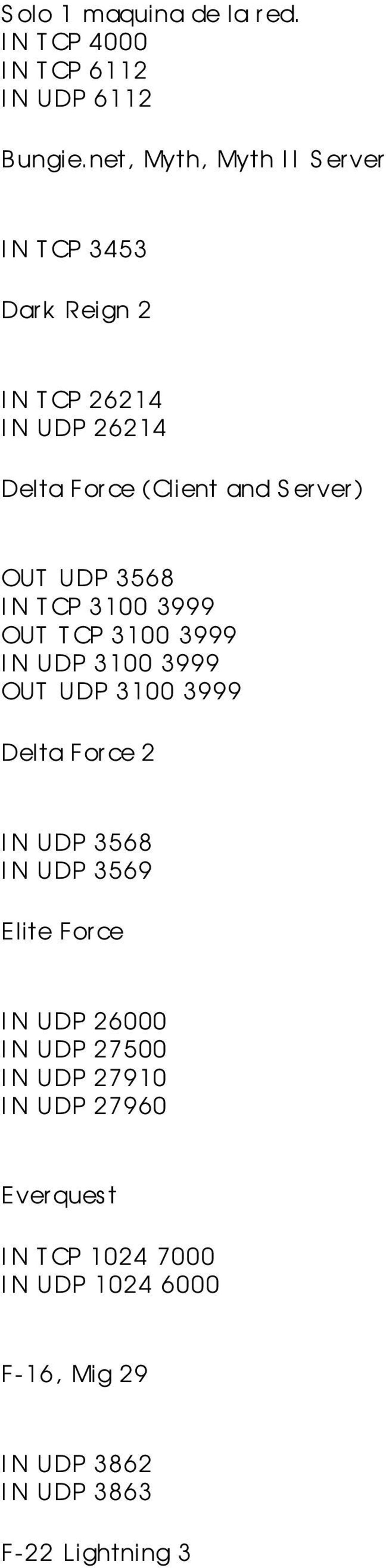 UDP 3568 I N T CP 3100 3999 OUT TCP 3100 3999 I N UDP 3100 3999 OUT UDP 3100 3999 Delta For ce 2 I N UDP 3568 I N UDP 3569
