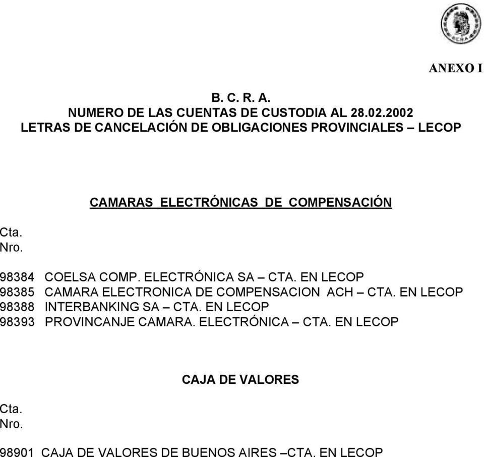 EN LECOP 98385 CAMARA ELECTRONICA DE COMPENSACION ACH CTA.
