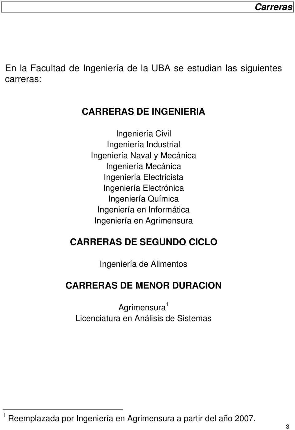 Química Ingeniería en Informática Ingeniería en Agrimensura CARRERAS DE SEGUNDO CICLO Ingeniería de Alimentos CARRERAS DE MENOR