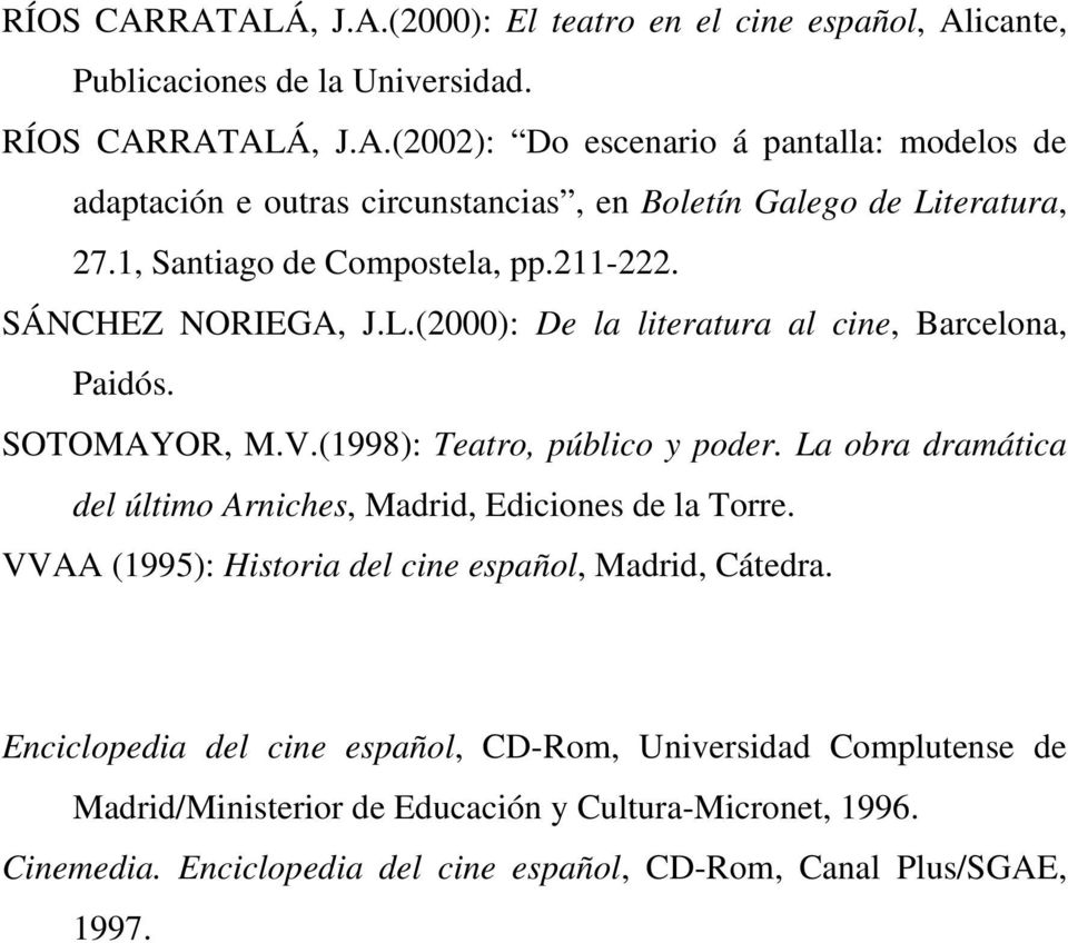 La obra dramática del último Arniches, Madrid, Ediciones de la Torre. VVAA (1995): Historia del cine español, Madrid, Cátedra.