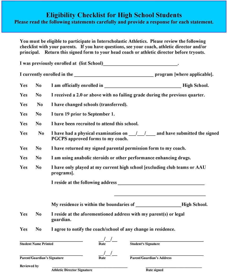 Return this signed form to your head coach or athletic director before tryouts. I was previously enrolled at (list School). I currently enrolled in the program [where applicable].