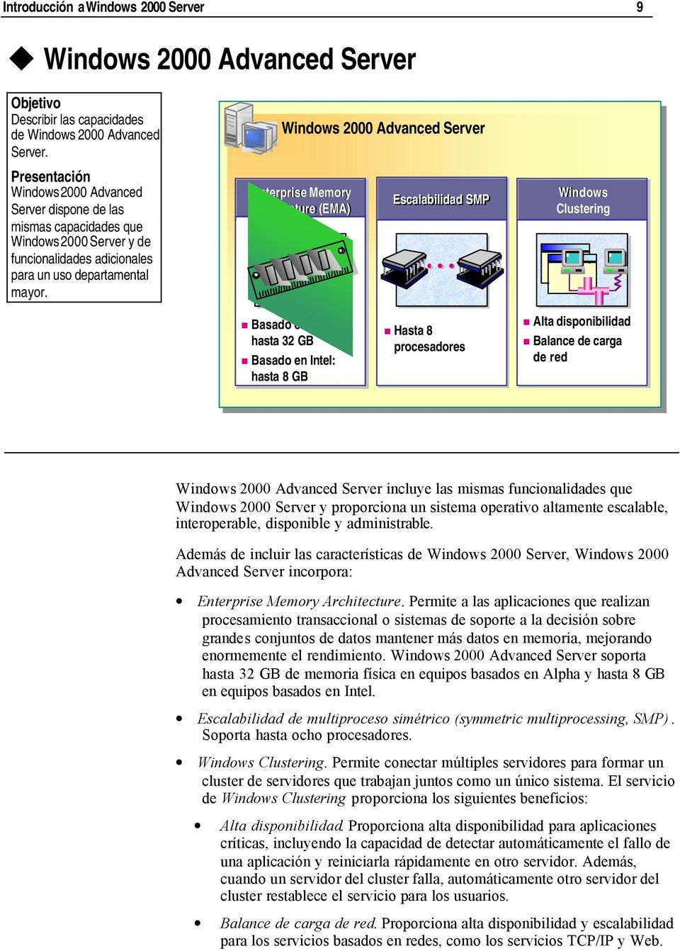Windows 2000 Advanced Server Enterprise Memory Architecture (EMA) Escalabilidad SMP Windows Clustering Basado en Alpha: hasta 32 GB Basado en Intel: hasta 8 GB Hasta 8 procesadores Alta