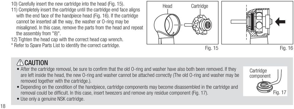 12) Tighten the head cap with the correct head cap wrench. * Refer to Spare Parts List to identify the correct cartridge. Head Cartridge Fig. 15 Fig.