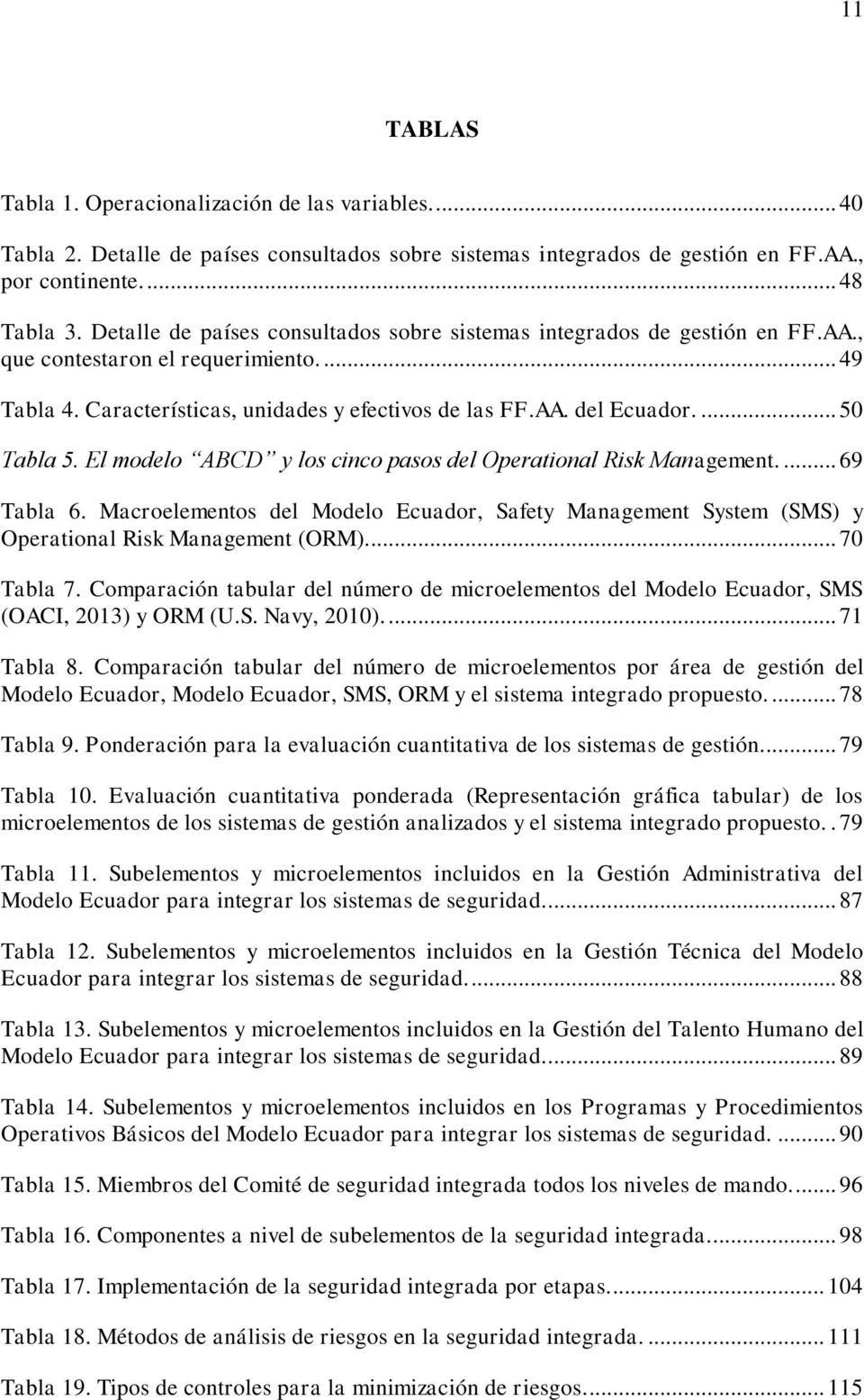 ... 50 Tabla 5. El modelo ABCD y los cinco pasos del Operational Risk Management.... 69 Tabla 6. Macroelementos del Modelo Ecuador, Safety Management System (SMS) y Operational Risk Management (ORM).