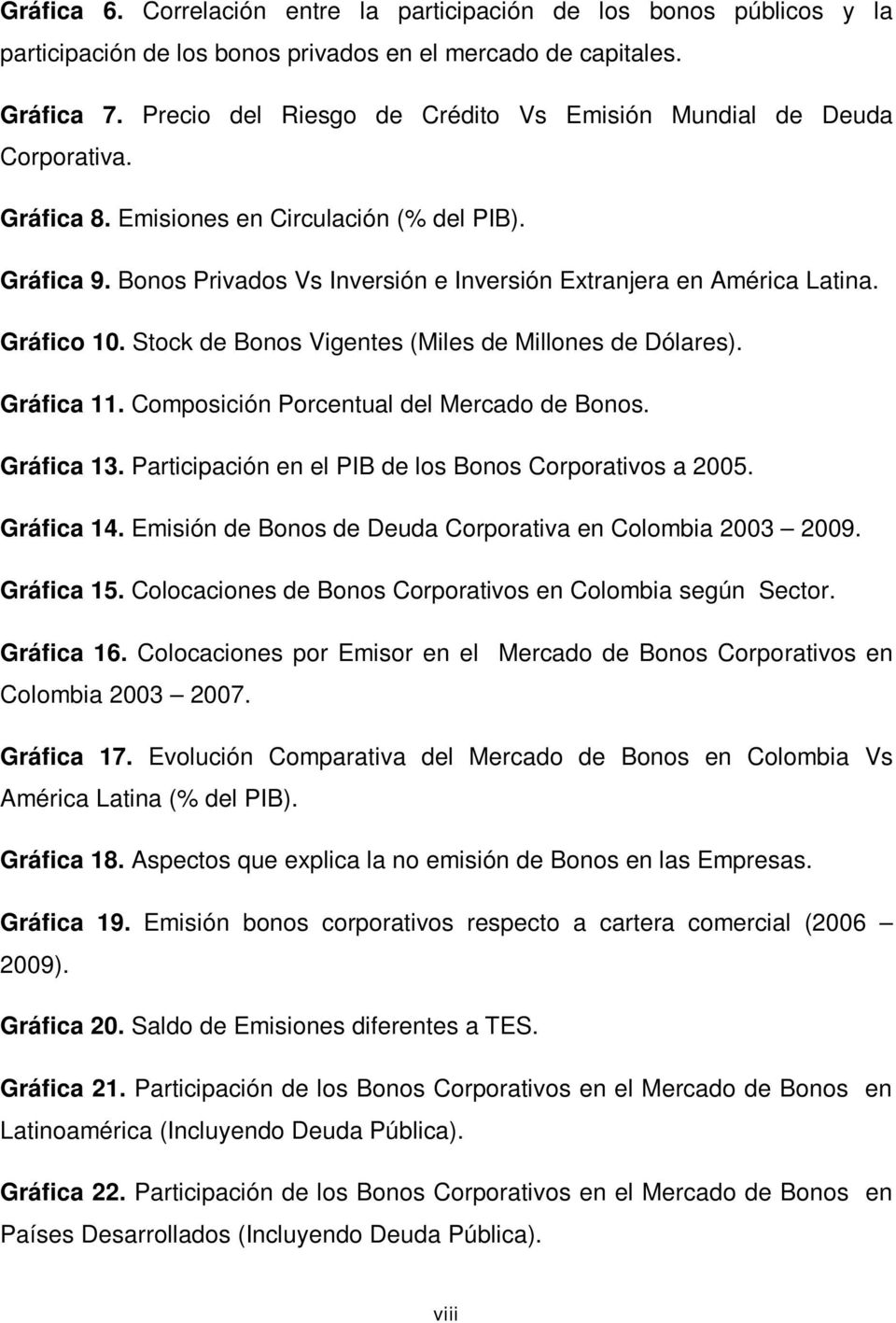 Gráfico 10. Stock de Bonos Vigentes (Miles de Millones de Dólares). Gráfica 11. Composición Porcentual del Mercado de Bonos. Gráfica 13. Participación en el PIB de los Bonos Corporativos a 2005.